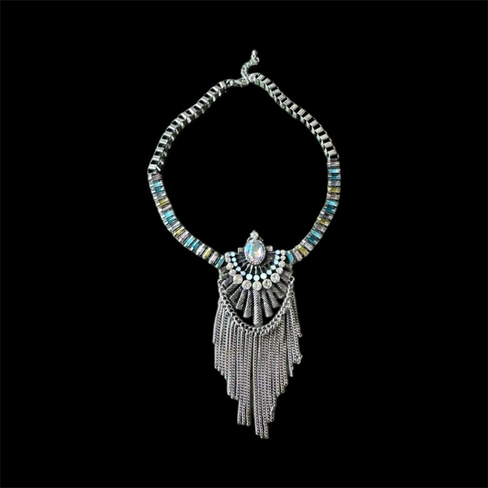 Charlotte Russe Metallic Blue Fringe Statement Necklace